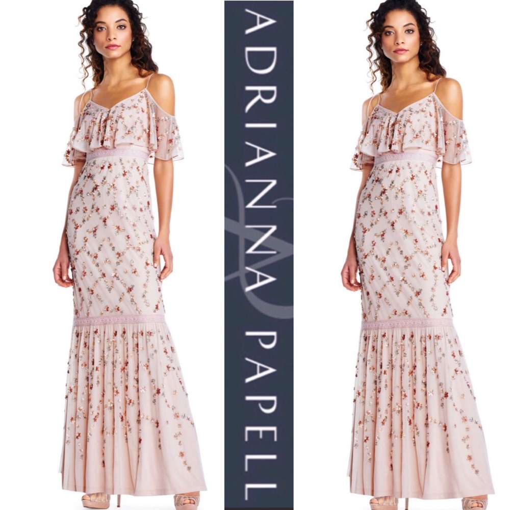 Adrianna Papell cold shoulder flutter sleeve gown - Picture 1 of 13